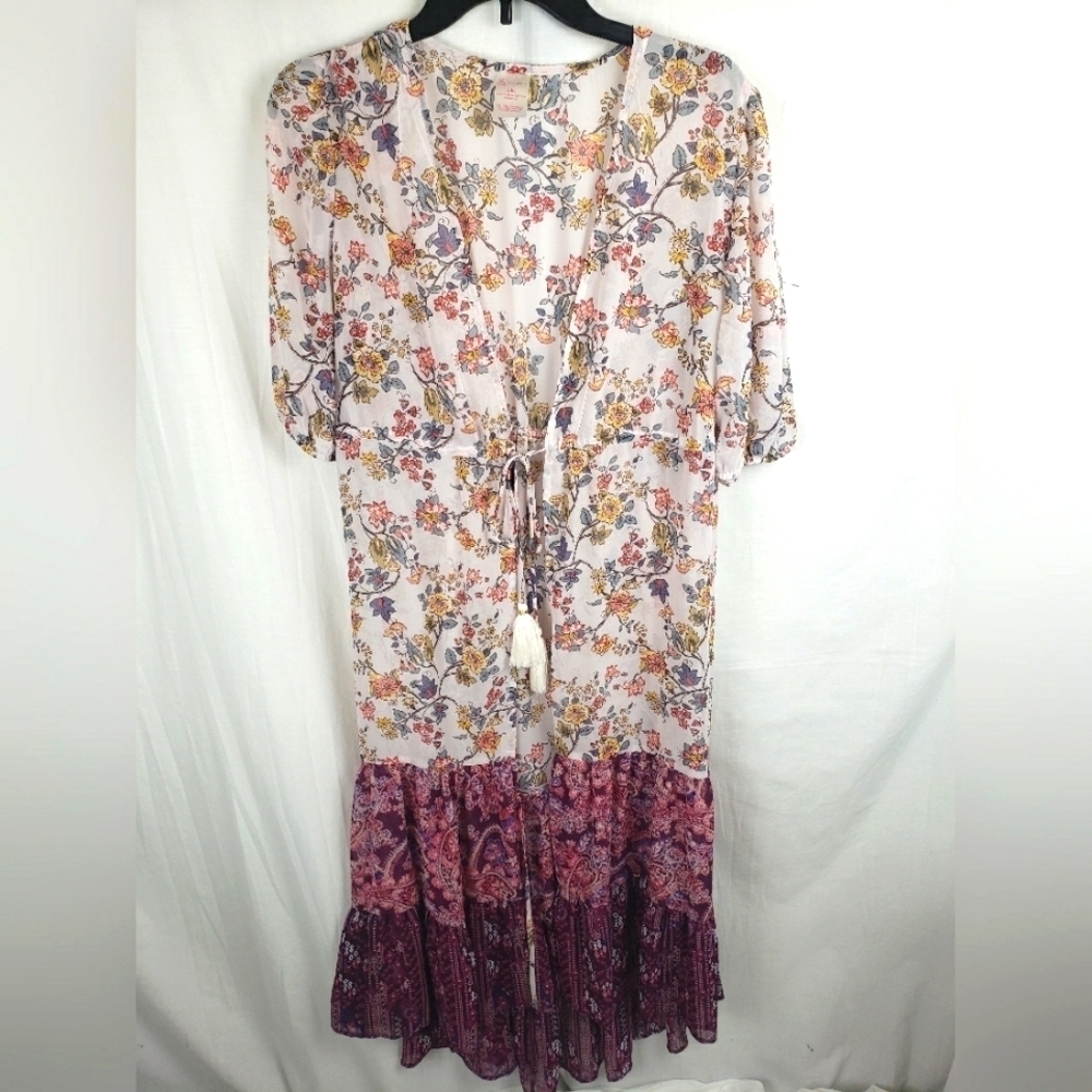 No Boundaries Floral Fairy High Low Short Sleeve Cardigan With Tie Sz L-XL